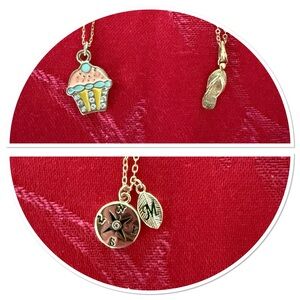 3 Gold Charm Necklaces including Cupcake, flip flop, and compass
